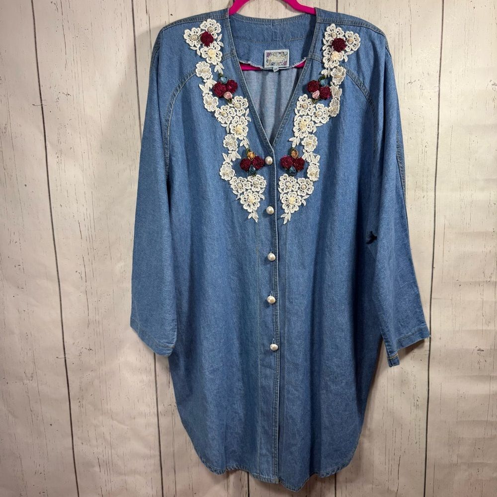 Monique Fashions Vintage Denim Tunic Top 3X Embroidered Lace Floral Pearl Button